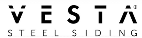The image shows a logo with "VESTA STEEL SIDING" in bold, modern lettering. Black text on a white background.