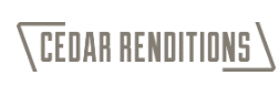 The image shows a sign for "Cedar Renditions" with stylized, bold typography and clean, angular lines on a plain white background.